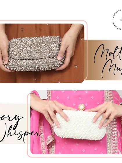 A showcase of our textured clutches. The 'Molten Muse' is a fully beaded silver clutch for maximum sparkle, and the 'Ivory Whisper' is a classic pearl clutch perfect for sangeets or receptions.