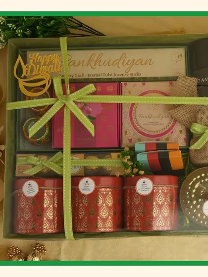 Green for growth and prosperity. Our green-themed hampers for Navratri and Diwali are filled with a mix of traditional and modern treats.