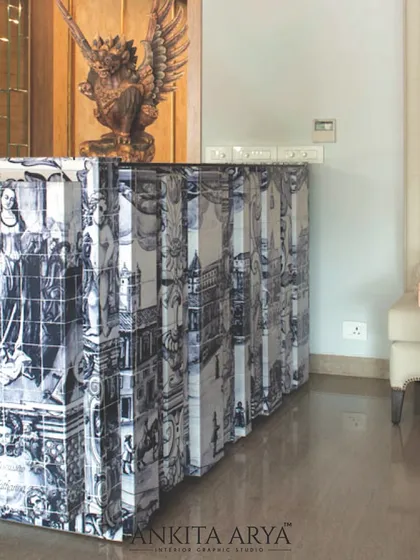 For this unique credenza, I designed a graphic inspired by traditional Portuguese tile art. The entire scene is printed on a leather surface, creating a stunning textural and visual contrast that is both luxurious and artistic.