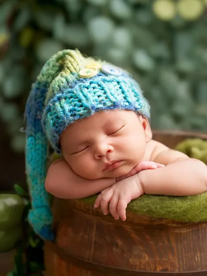 A close-up of a baby wearing a colorful blue and green knitted hat, sleeping peacefully in a rustic wooden barrel.
