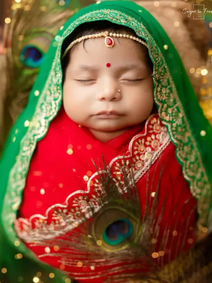 A detailed close-up of our little Radha, highlighting the delicate bindi and headpiece.