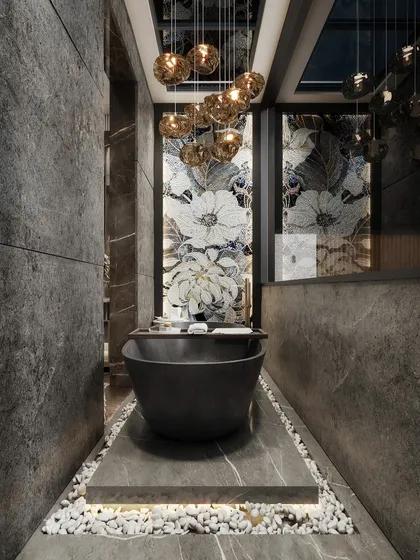 These renders depict a narrow, spa-like bathroom with a freestanding tub. We've experimented with two different feature walls, one with floral mosaics and one with abstract gold patterns, showing how we can visualize options for a client.