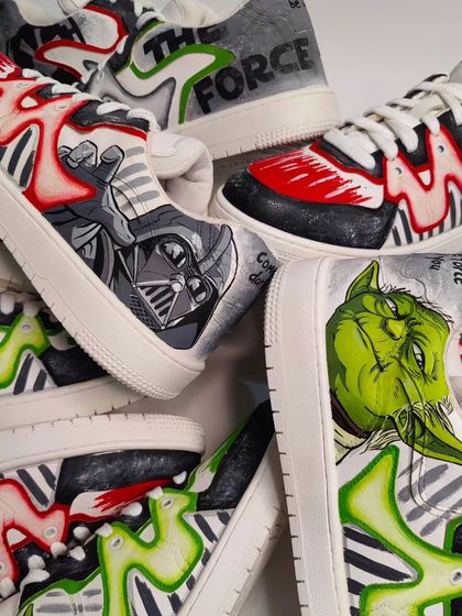 A close-up collage of the Star Wars sneakers, highlighting the detailed artwork of both Darth Vader and Yoda. These designs were made to be worn and admired.