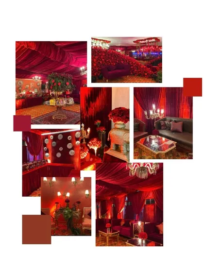 This mood board was for a grand, opulent wedding with a red color scheme. It includes swatches, inspirational images of draping, furniture, and floral arrangements to define a cohesive, luxurious look.