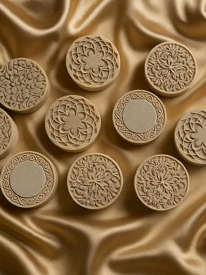 A collection of intricately detailed soaps with mandala and floral patterns, perfect for an elegant gift.