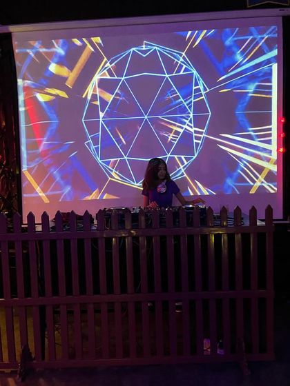 The geometric visuals on the screen behind me kept changing all night, adding a dynamic element to my Bollywood commercial set.