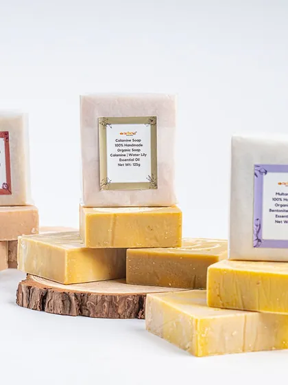 This is a selection of my summer-essential cold-process soaps. Each bar is 100% natural and made with organic ingredients like multani mitti, calamine, and sandalwood to help cool and soothe the skin during hot weather.
