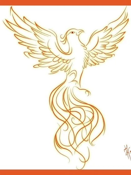 A clean line art drawing of a phoenix in mid-rise. This version, in orange on a white background, emphasizes the graceful and powerful form of the mythical bird of rebirth.