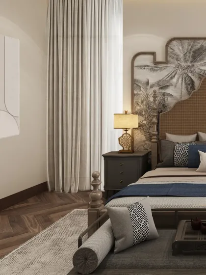 Another angle showing the soft, floor-to-ceiling curtains and abstract wall art that contribute to the room's calm and inviting atmosphere.