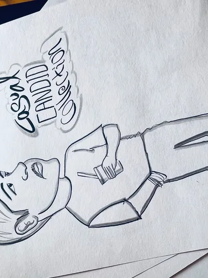 This "Casual Candid Collection" piece is a full-body caricature that captures a relaxed and natural pose.