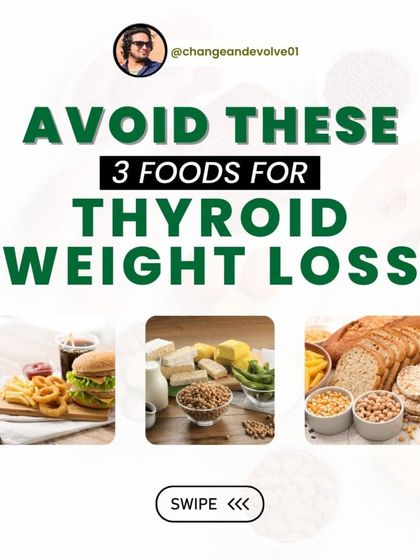This graphic introduces three foods to avoid for thyroid weight loss: processed sugars, soy products, and gluten.