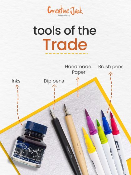 A flat lay of the "tools of the trade" for calligraphy, including inks, dip pens, brush pens, and handmade paper, all of which we explore in the workshop.