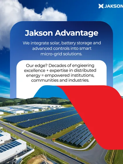 This aerial view of a large-scale solar power plant highlights the Jakson Advantage. We integrate solar generation, advanced battery storage, and smart controls to develop intelligent microgrid solutions that provide uninterrupted, clean energy for institutions, communities, and industries.