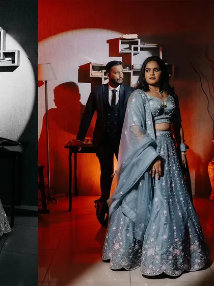 A split-screen image showing the same pose in both color and black and white, highlighting the dramatic lighting.