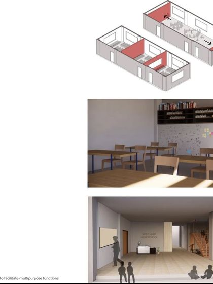 Further concepts for Holy Saint High School, showing how collapsible walls can create flexible, multi-purpose learning spaces. The design seeks to create tactile and engaging classrooms that support modern pedagogy.