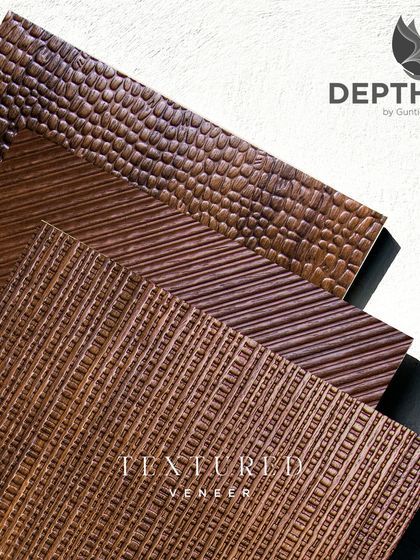 A fan of dark, rich wood textures. This sample collection includes crocodile, diagonal, and woven patterns, all in deep brown tones.