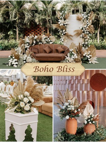 **Haldi Theme: Boho Bliss.** This mood board showcases a neutral, earthy palette with pampas grass, dried palms, and rustic textures for a chic and modern Haldi.