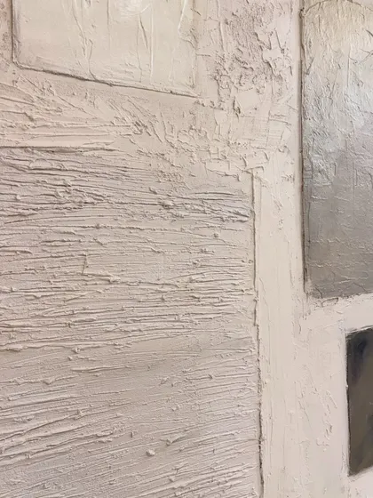 A close-up of the heavy stucco texture on a 4ft x 4ft canvas. This piece, shipped to a client in Houston, U.S., uses different application techniques to create a variety of rough and subtle textures.