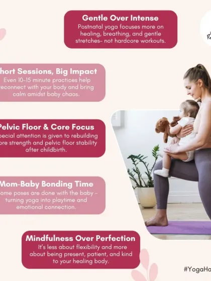 Postnatal yoga with me is different from a typical fitness class. This graphic explains my core philosophy: focusing on gentle healing, short and impactful sessions, rebuilding the core and pelvic floor safely, and embracing mindfulness over perfection.