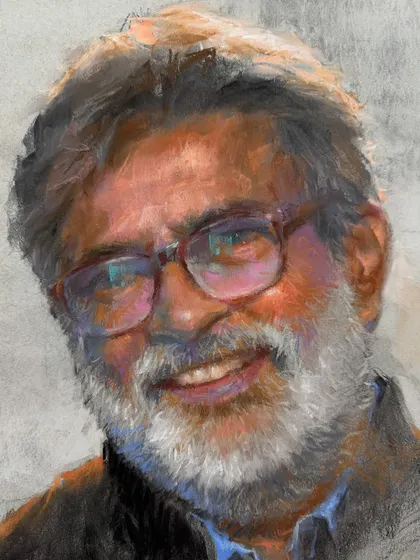 A close-up of the soft pastel portrait of Mr. Vasudeo Kamath, showing the color and texture.