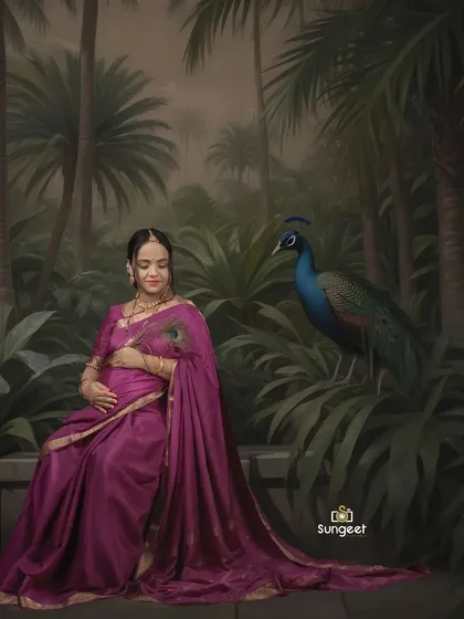 This artistic composition places the expecting mother in a painted jungle scene with a peacock, blending photography with fine art for a unique maternity portrait.