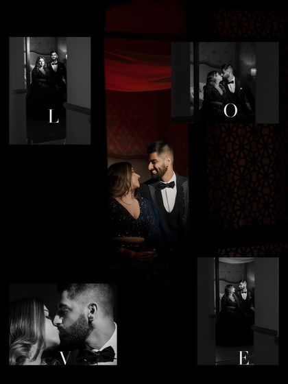 A creative 'LOVE' collage using moody, intimate black and white portraits of the couple. Each letter frames a different romantic moment, telling a beautiful visual story.