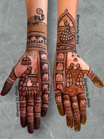 This design is a beautiful showcase of traditional Rajasthani mehendi elements. It features peacocks, elephants, and hanging bells, all arranged in separate, detailed blocks.