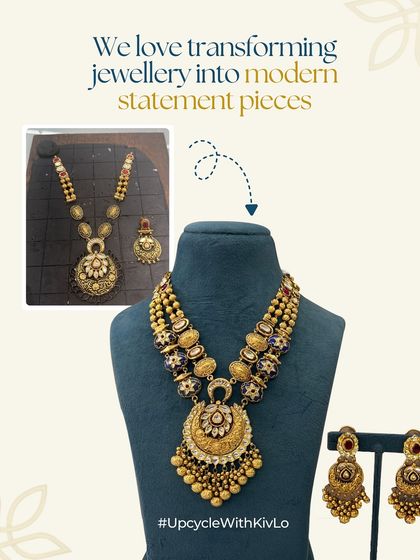 This before-and-after shows how we transform jewelry into modern statement pieces. An old set was completely reimagined with added layers and intricate details to become a grand, head-turning necklace.