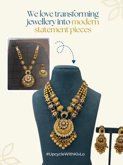 This before-and-after shows how we transform jewelry into modern statement pieces. An old set was completely reimagined with added layers and intricate details to become a grand, head-turning necklace.