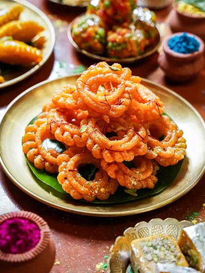A stack of bright orange Imartis on a brass plate, surrounded by other Holi sweets and colors. The warm, rich tones of the image make this traditional dessert look incredibly appealing.