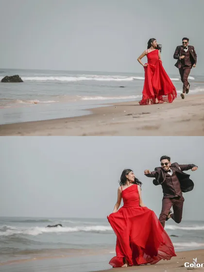 Capturing pure joy and energy as the couple runs and leaps along the shoreline.