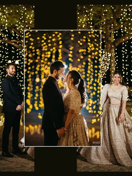 A magical reception portrait of Gwen and Azhir under a canopy of fairy lights. This shot is all about romance and fairytale vibes.