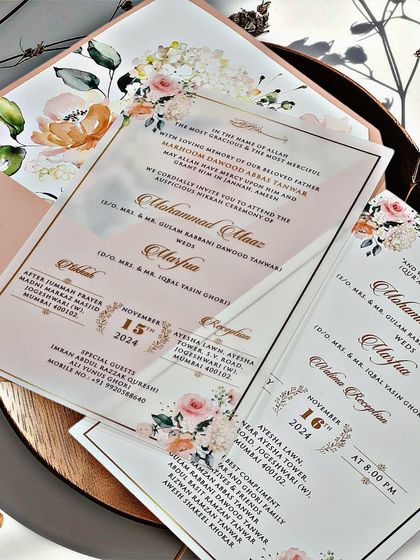 A beautiful vellum paper insert with soft watercolor florals. This design is perfect for a Nikah or Walima invitation, adding a touch of modern romance to the occasion.