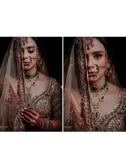 A diptych focusing on the bride's stunning details. The veil partially covers her face, drawing attention to her expressive eyes, intricate nose ring, and the heavy embroidery of her outfit.