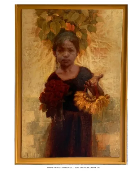 The full painting of "Hope of Innocent Flowers," presented with its title. This work explores my journey from observing social constructs to representing them through realism.