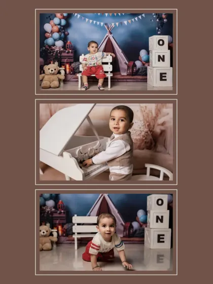 A collage showcasing the variety within a single first birthday session, from a playful teepee setup to a classic piano portrait.