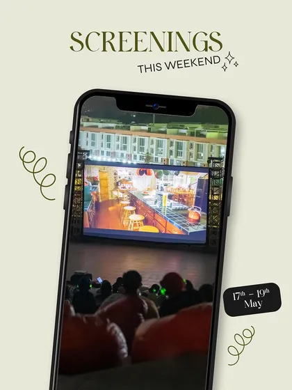 Our main poster for the May weekend screenings, showcasing a beautiful rooftop venue.