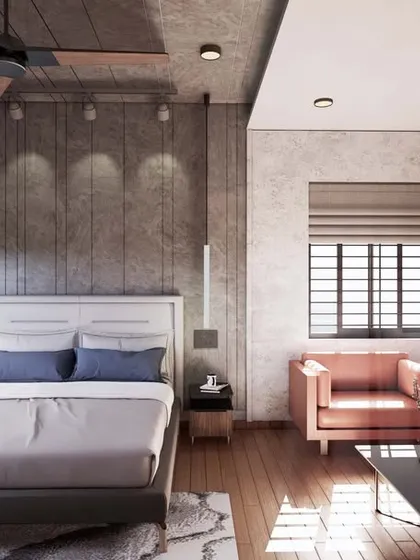 This render highlights the play of light and shadow in the bedroom, with track lighting on the concrete-finish ceiling and warm wood paneling.
