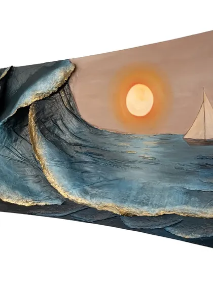 This is "Golden Tides," a bespoke curved artwork that captures the rhythm of renewal and the dance of light on water. Made from upcycled paper and mixed media, it shows how I can create large, impactful pieces tailored to a specific vision, bringing a sense of movement and elegance to any interior.
