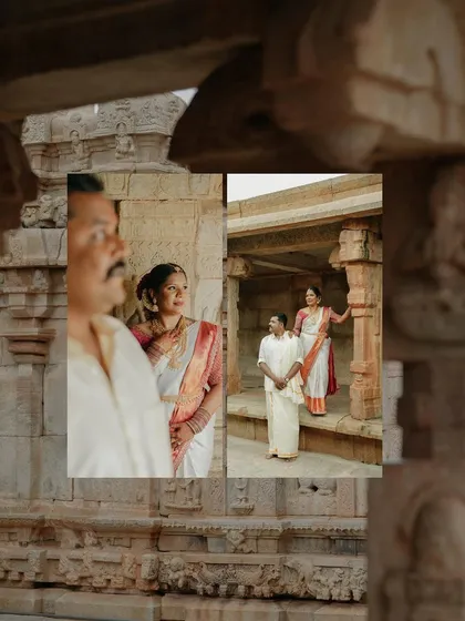 A creative collage using an out-of-focus pillar to frame the couple. This technique adds an artistic, voyeuristic feel, as if we are peeking into a private, romantic moment.