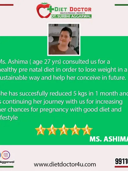 For clients planning a family, pre-natal nutrition is key. Ms. Ashima came to me to improve her health for future conception, and through a sustainable diet, she successfully reduced her weight by 5 kgs in just one month, improving her chances of a healthy pregnancy.