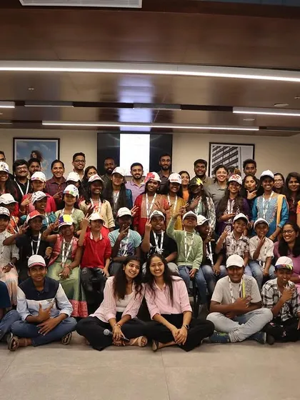 A group photo from the cap painting workshop with Hudson's Bay and the kids from Sneha Shraya Foundation. So many smiles and so much creativity.