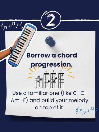 A great way to start songwriting is to borrow a familiar chord progression, like C-G-Am-F, and build your own melody on top of it.