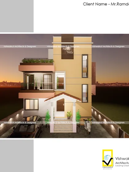 A night-time render of 'Patil's Villa' in Vindhane. This showcases how exterior lighting can dramatically enhance the architectural features of a home after sunset.