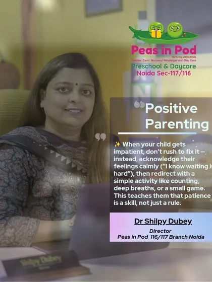 Our philosophy is built on positive parenting. As our Director, Dr. Shilpy Dubey, shares, we focus on guiding children with patience and understanding, teaching them skills like patience through simple, calming activities.