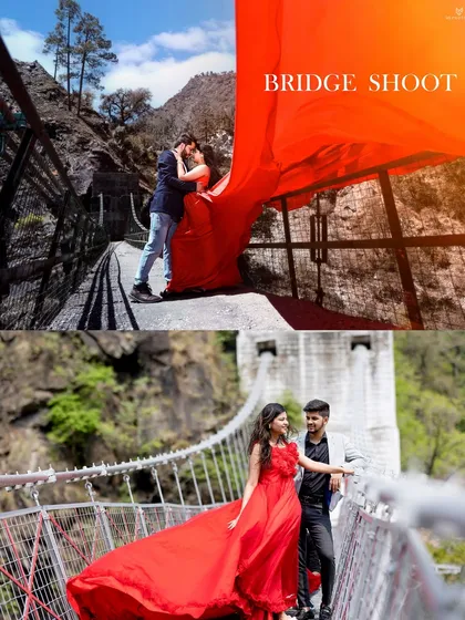 A collage showing different angles of a "Bridge Shoot," including a wide shot with a dramatic red fabric and a more casual walking shot.