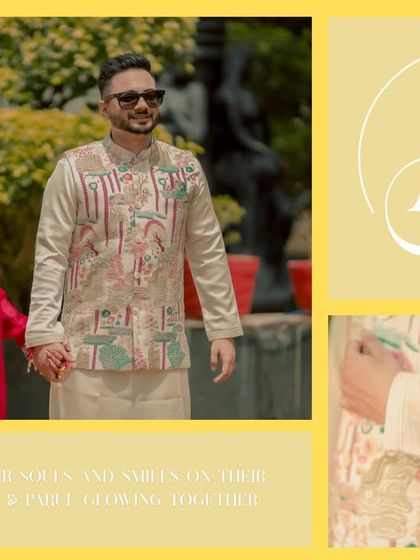 A collage capturing the cool and stylish vibe of Alankrit and Parul's Haldi. Their sunglasses, confident walk, and the custom monogram all speak to their unique personality.