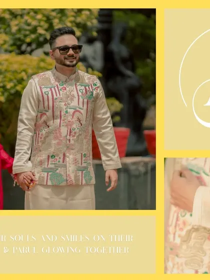 A stylish collage of Alankrit and Parul's Haldi look, complete with their monogram, highlighting their coordinated outfits and floral jewelry.