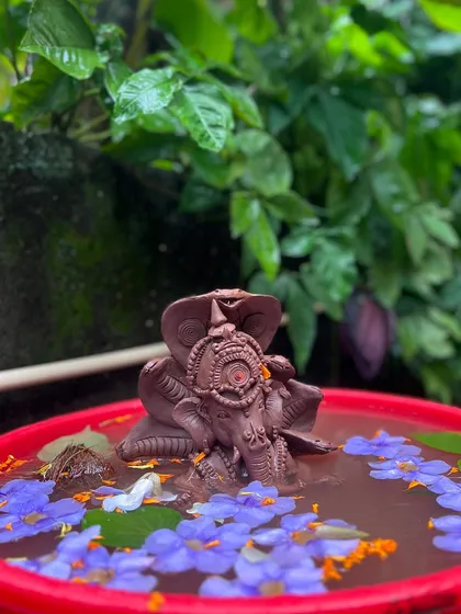 The clay Ganesha slowly dissolving back into the water, surrounded by flowers. This is the essence of an eco-friendly celebration.