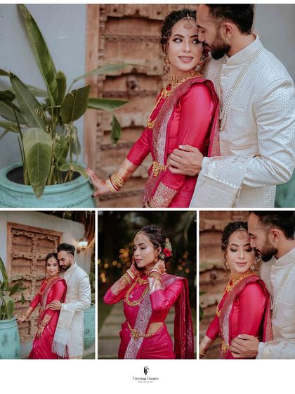 A collage of a cross-cultural couple, blending traditional attire with modern romance, showcasing their unique love story.